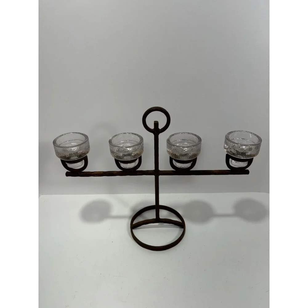 Vintage MCM  Iron 4 Candle Holder Candelabra With Glasses Rusty 15